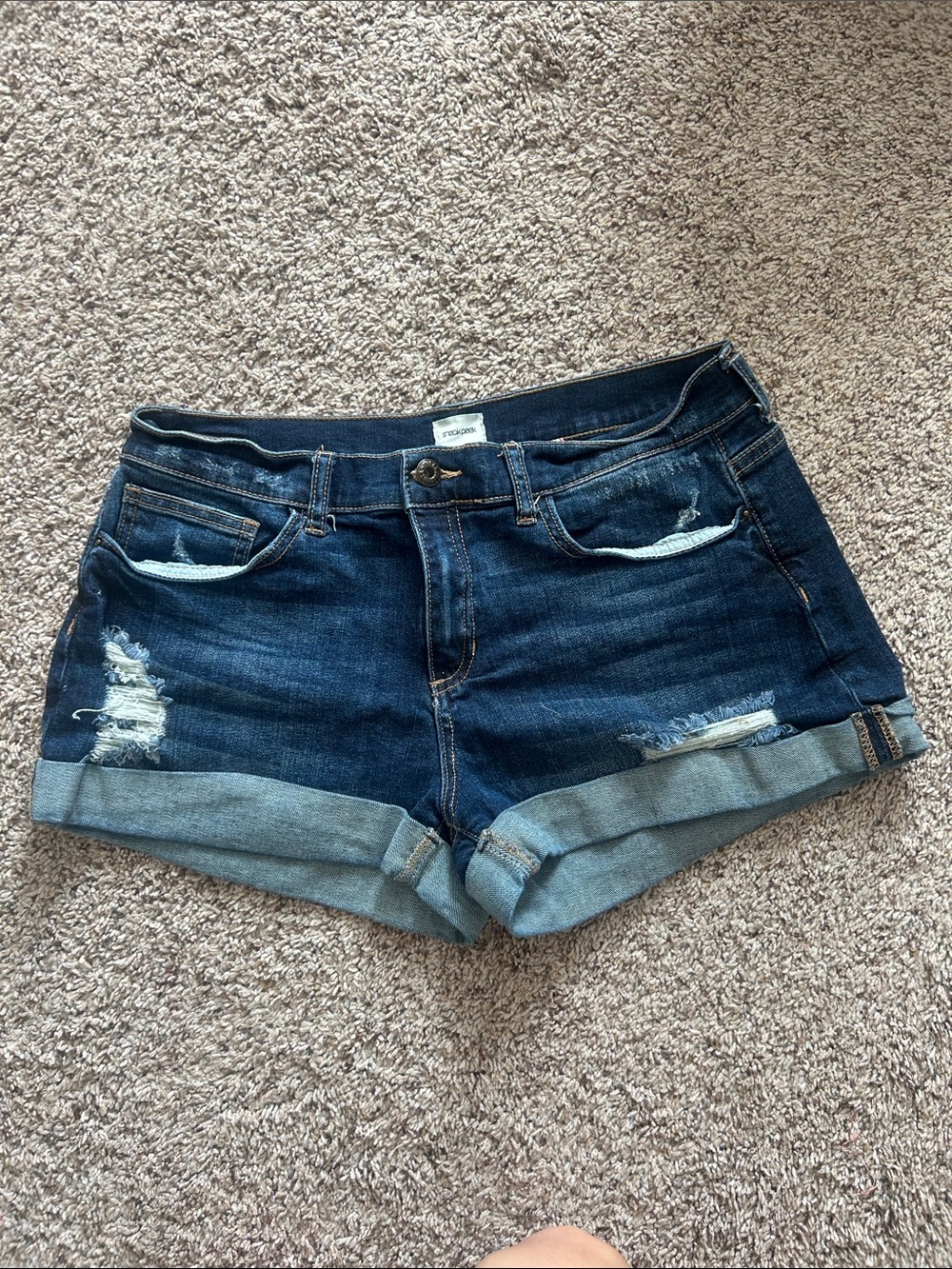 Sneak Peek Dark Blue Rolled Cuff Distressed Denim Shorts